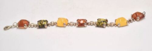 Vintage Sterling Silver & Multicolour Baltic Amber Bracelet – 19cm, 925 Silver