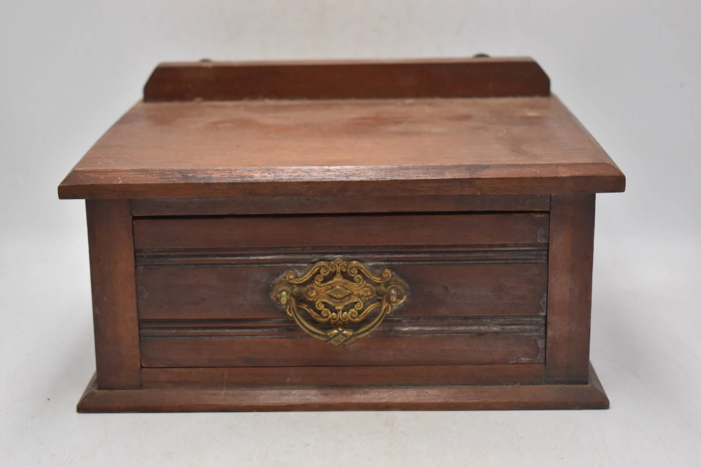 Antique Mahogany Stationery Drawer Desktop / Wall Mount Organiser Brass Handle