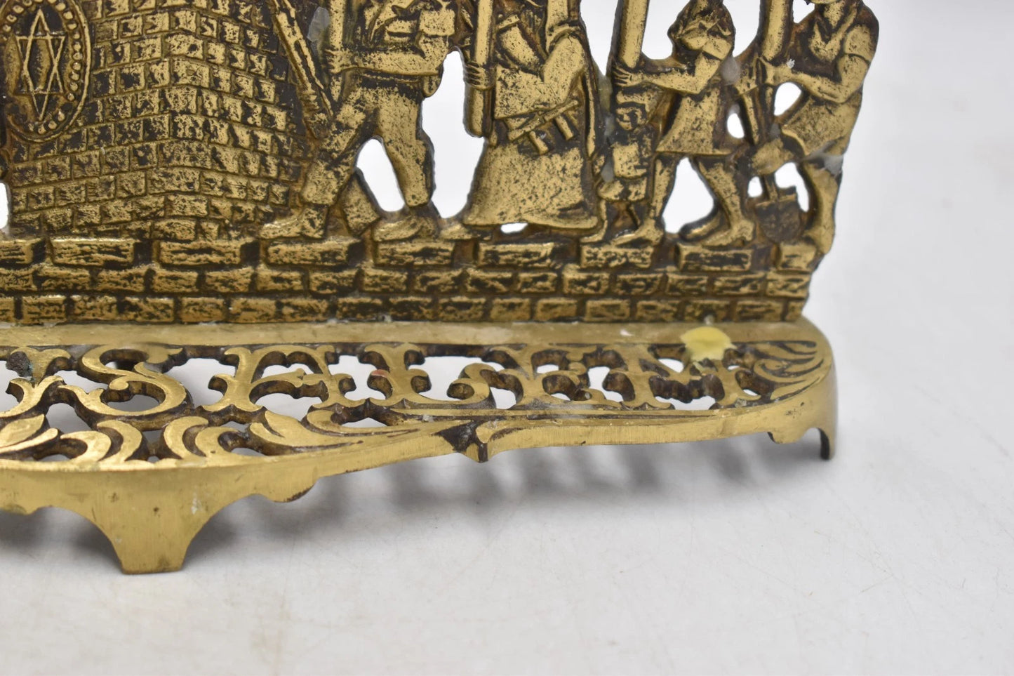 Antique Biblical Zionist Brass Hanukkah Menorah Lamp Judaica Candlestick