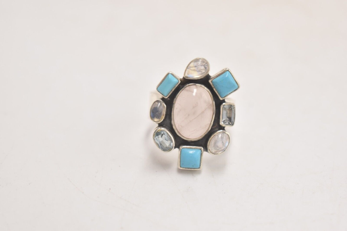 Vintage Sterling Silver Turquoise, Moonstone, and Rose Quartz Ring – Size V