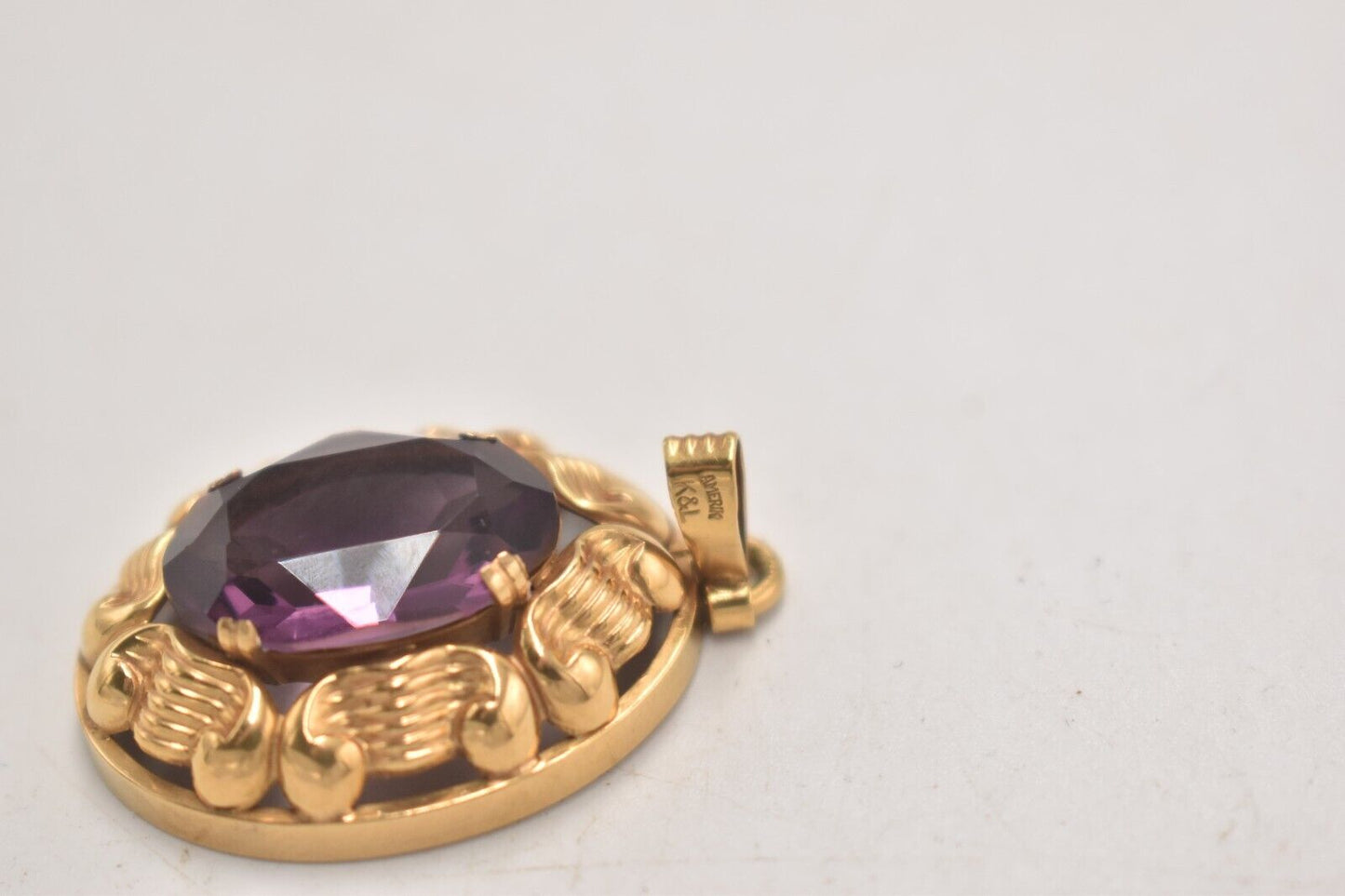 Vintage Amerik K&L 14ct Rolled Gold Amethyst Purple Glass Necklace Pendant
