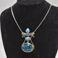 Vintage Bohemian 925 Sterling Silver Crackle Quartz & Turquoise Pendant Necklace
