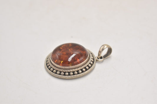 Vintage Sterling Silver 925 & Amber Marcasite Pendant – Made in India