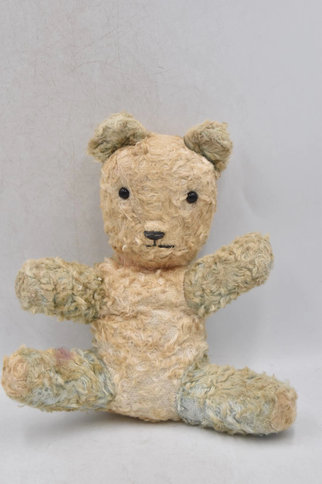 Vintage 1950s English Teddy Bear Blue White Plush Silk Ears Rattle 22cm
