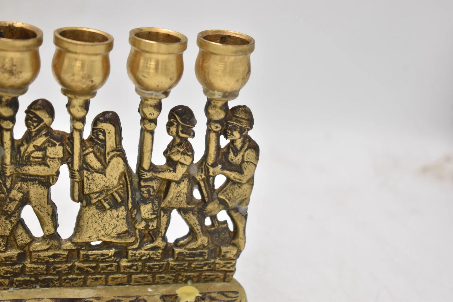 Antique Biblical Zionist Brass Hanukkah Menorah Lamp Judaica Candlestick