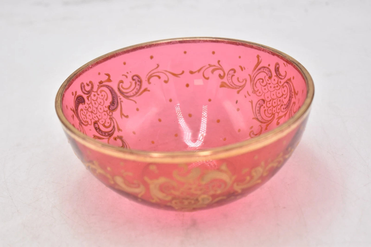 Antique Cranberry Pink Glass Bowl with Gold Gilt Douglas Marked 12.5cm