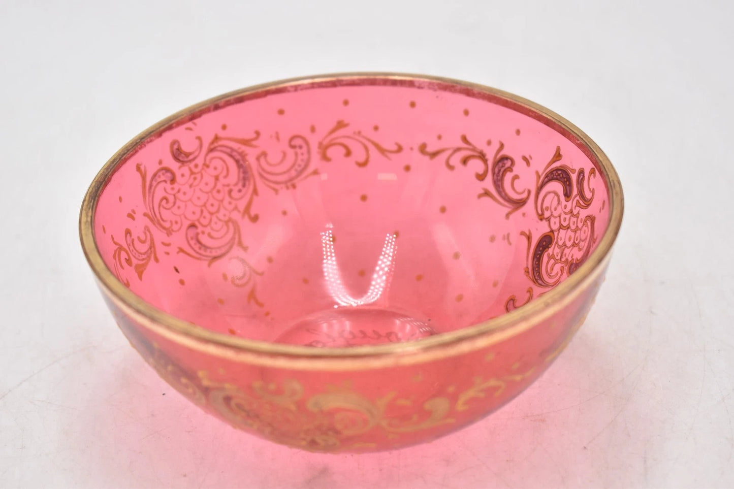 Antique Cranberry Pink Glass Bowl with Gold Gilt Douglas Marked 12.5cm