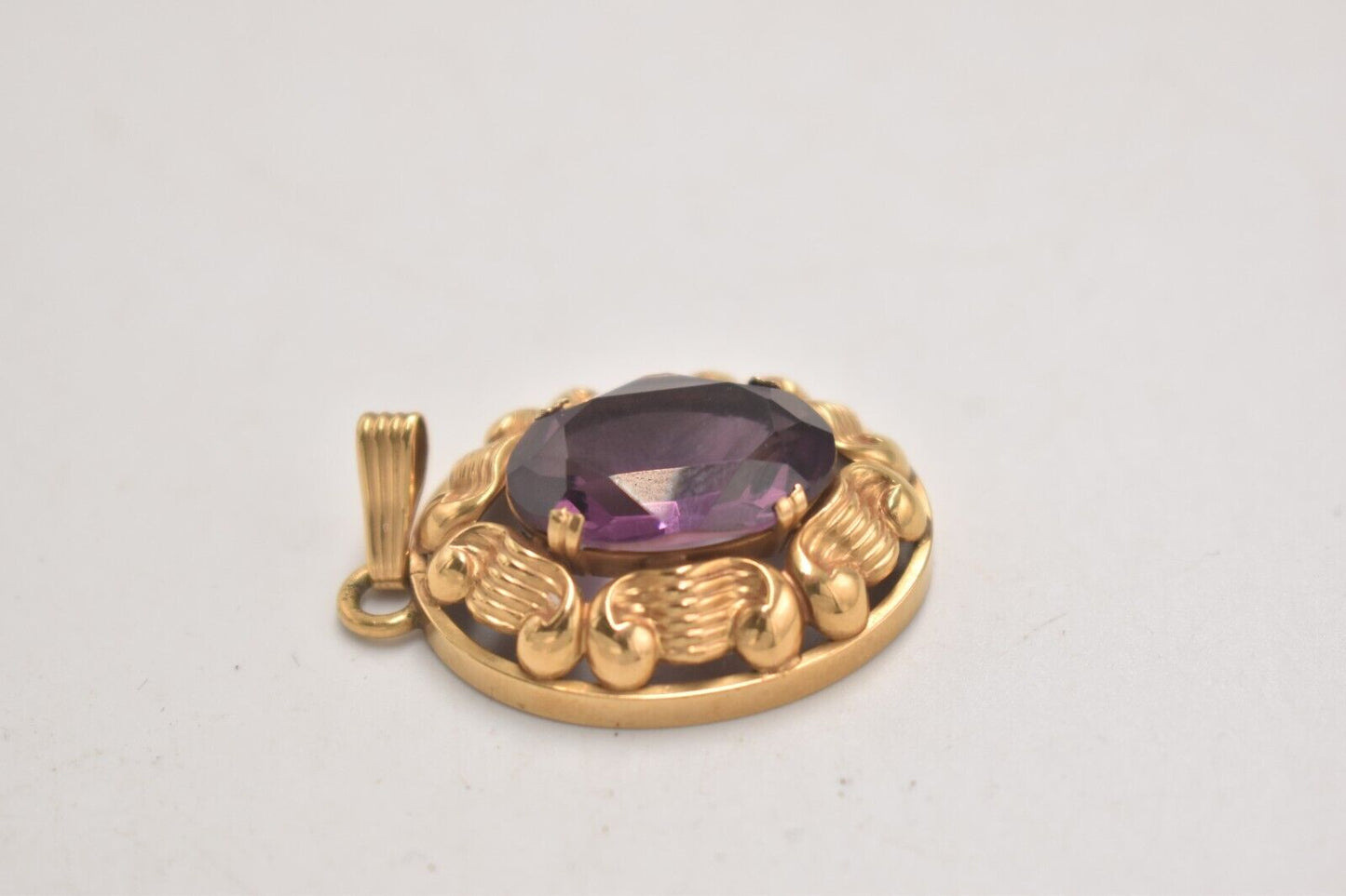 Vintage Amerik K&L 14ct Rolled Gold Amethyst Purple Glass Necklace Pendant