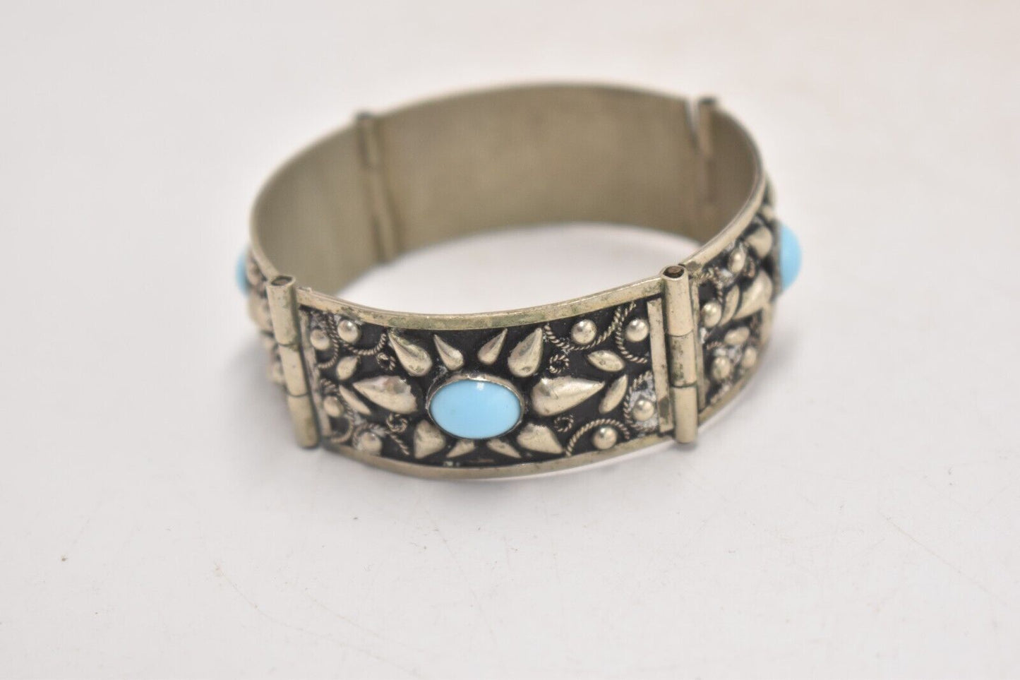 Vintage Sterling Silver and Turquoise Etruscan Revival Cuff Bangle Bracelet