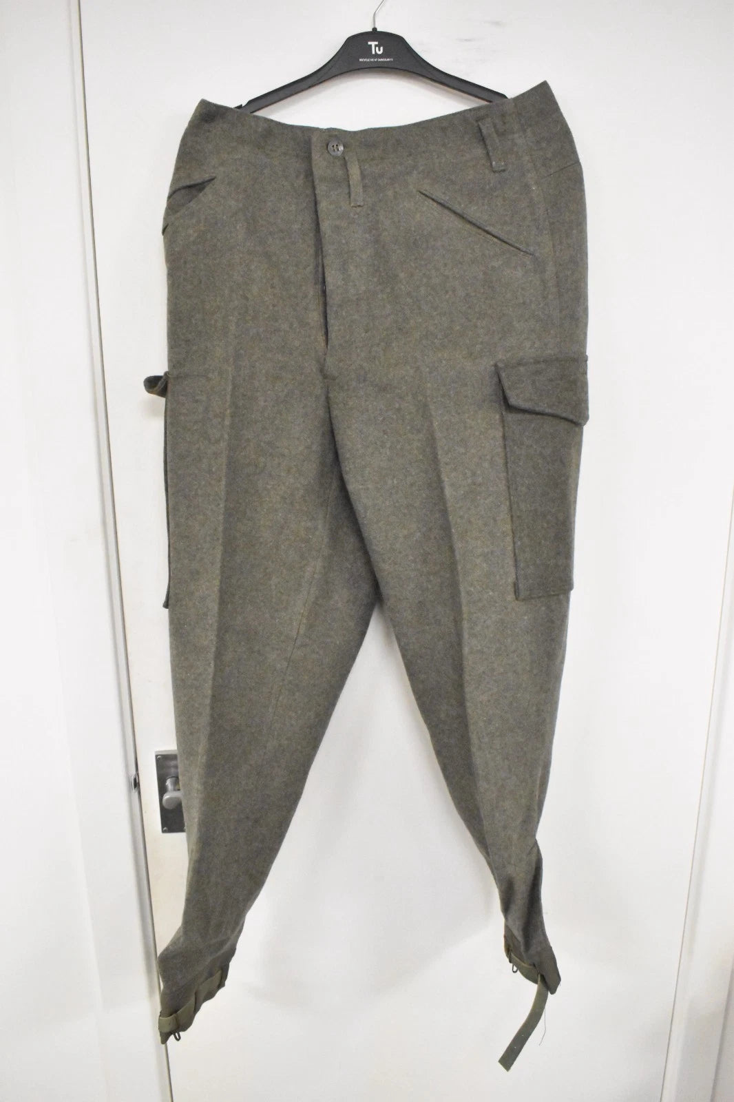 Swedish Army Olive Grey Wool Field Trousers 1947 Dated Leather Straps Military