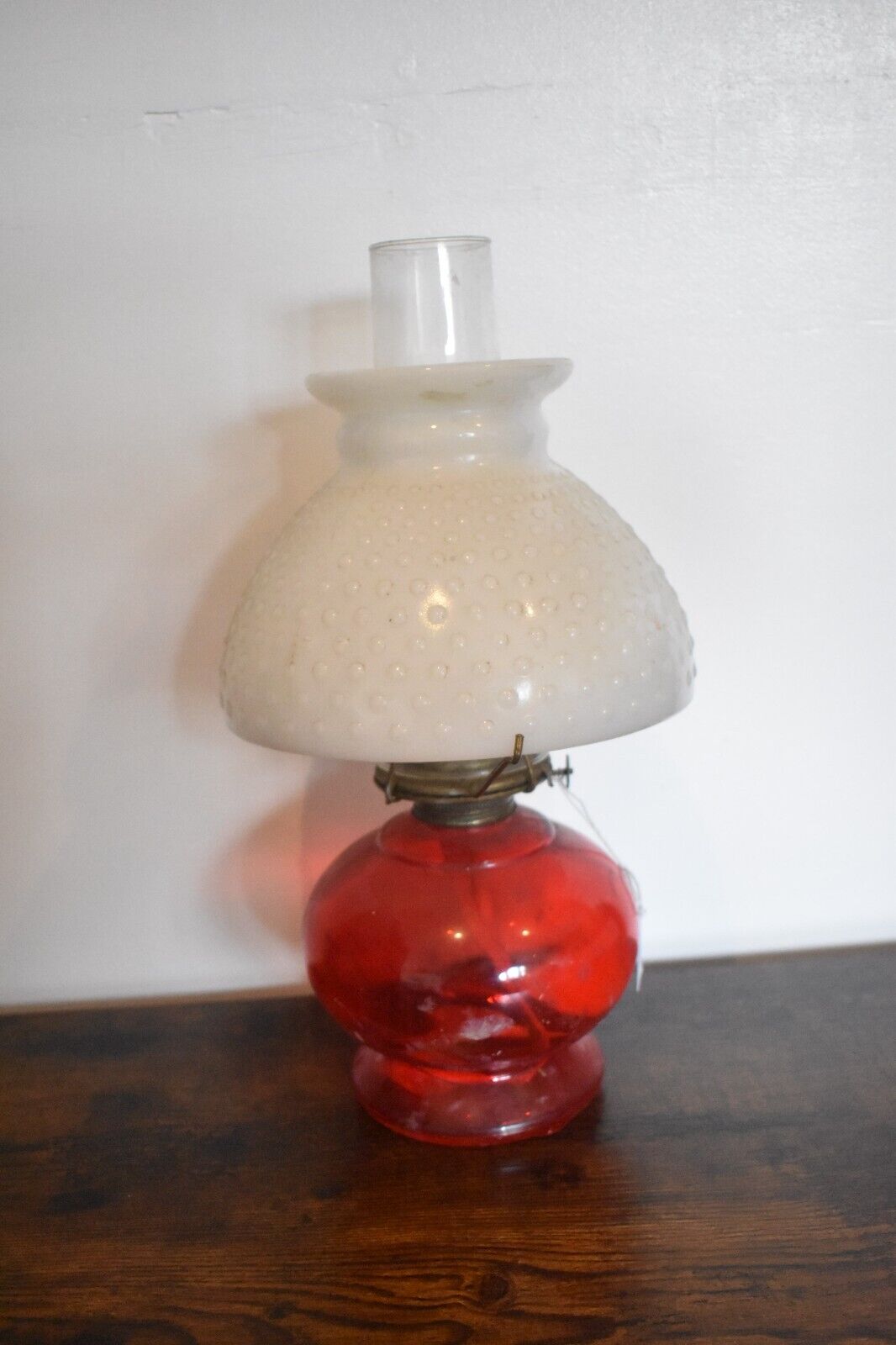Vintage P&A Risdon Oil Lamp with Eagle Burner USA Ruby Red Glass and White Shade
