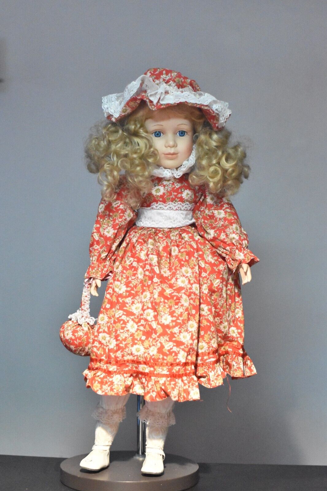 Vintage Large Lifelike Porcelain Doll – 70cm – Blonde Hair, Blue Eyes, Red Dress