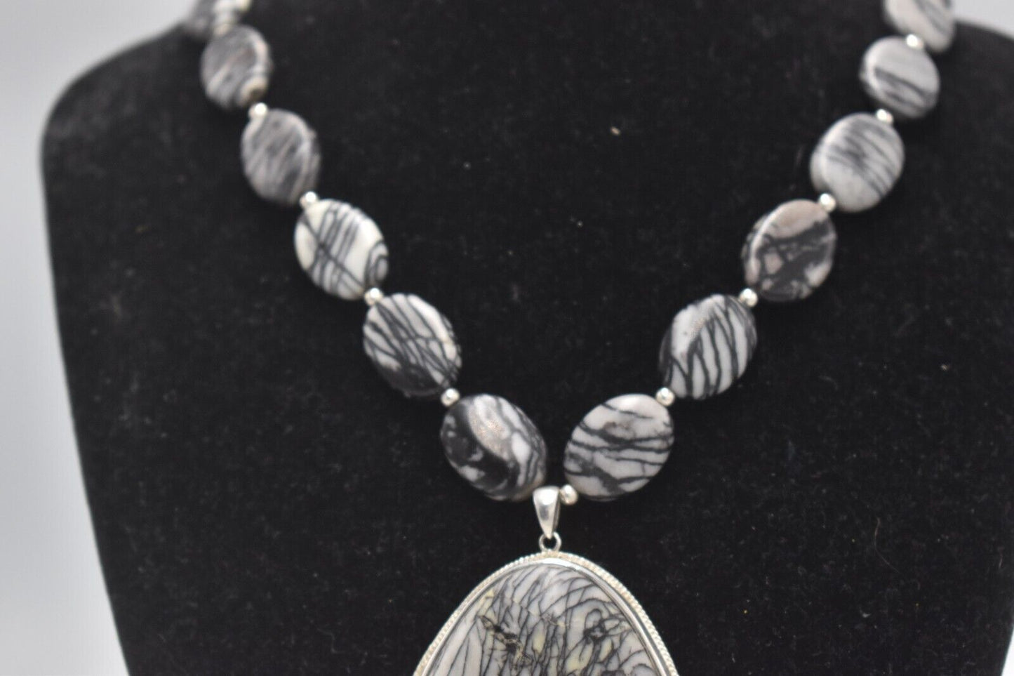 Vintage Sterling Silver 925 Picasso Spiderweb Jasper Pendant Necklace – 60cm