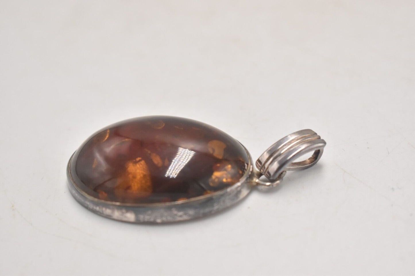 Vintage Sterling Silver 925 and Amber Modernist Oval Necklace Pendant Hallmarked