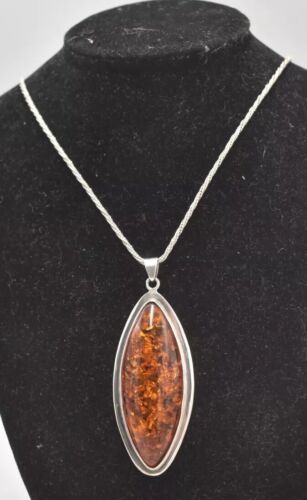 Vintage Sterling Silver 925 Necklace with Amber Pendant – 50cm, 23g