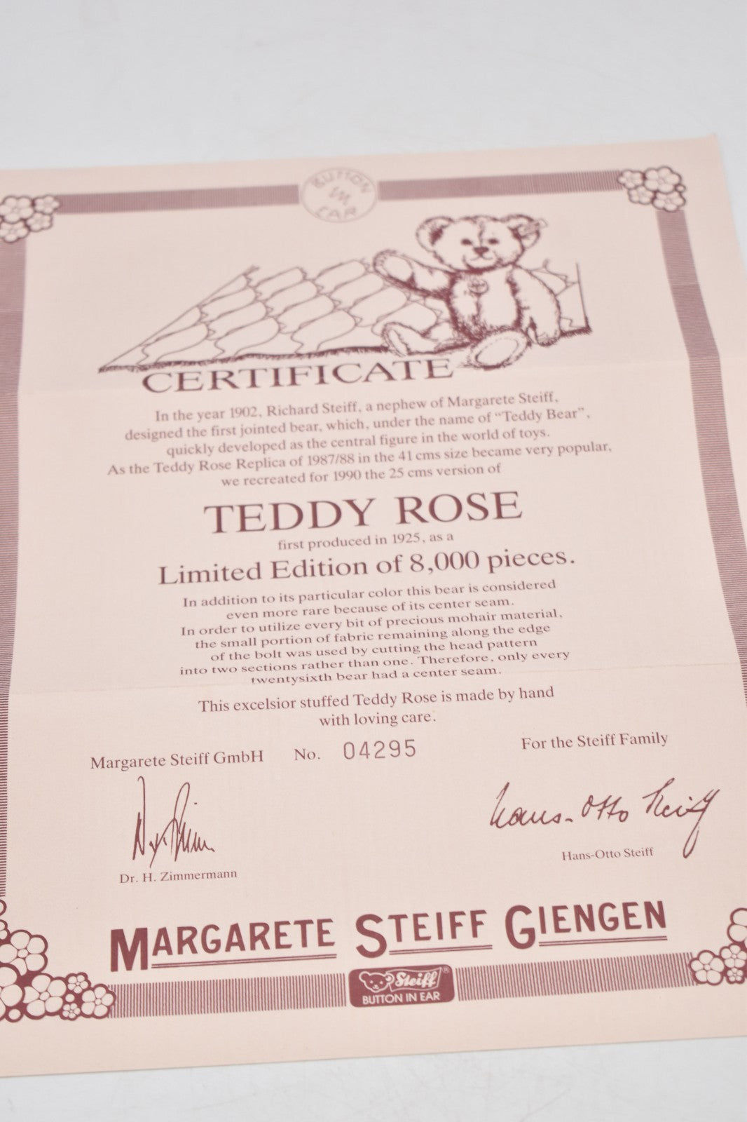 Steiff Teddy Rose Replica 1925 Squeaker 407154 Limited Edition