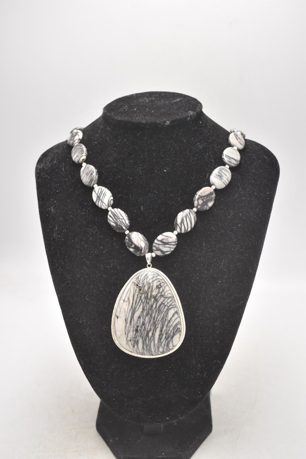 Vintage Sterling Silver 925 Picasso Spiderweb Jasper Pendant Necklace – 60cm