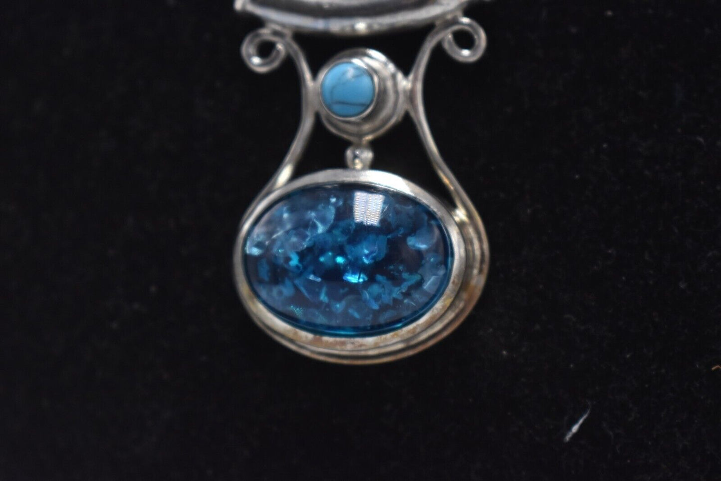 Vintage Bohemian 925 Sterling Silver Crackle Quartz & Turquoise Pendant Necklace