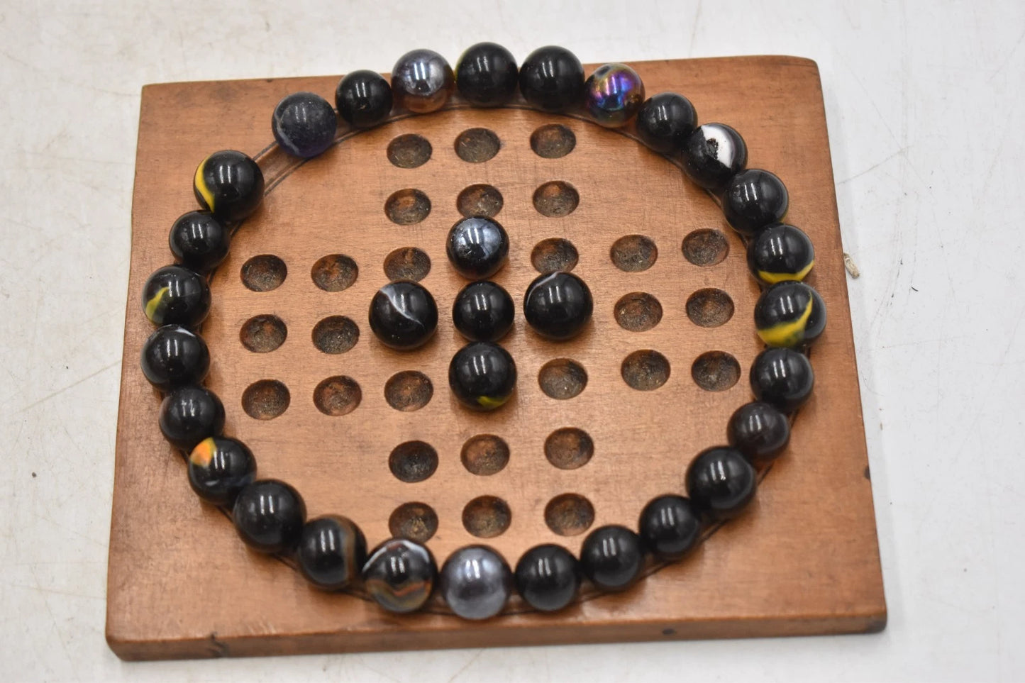 Antique Solitaire Wooden Board with Antique Hand Made Glass Marbles
