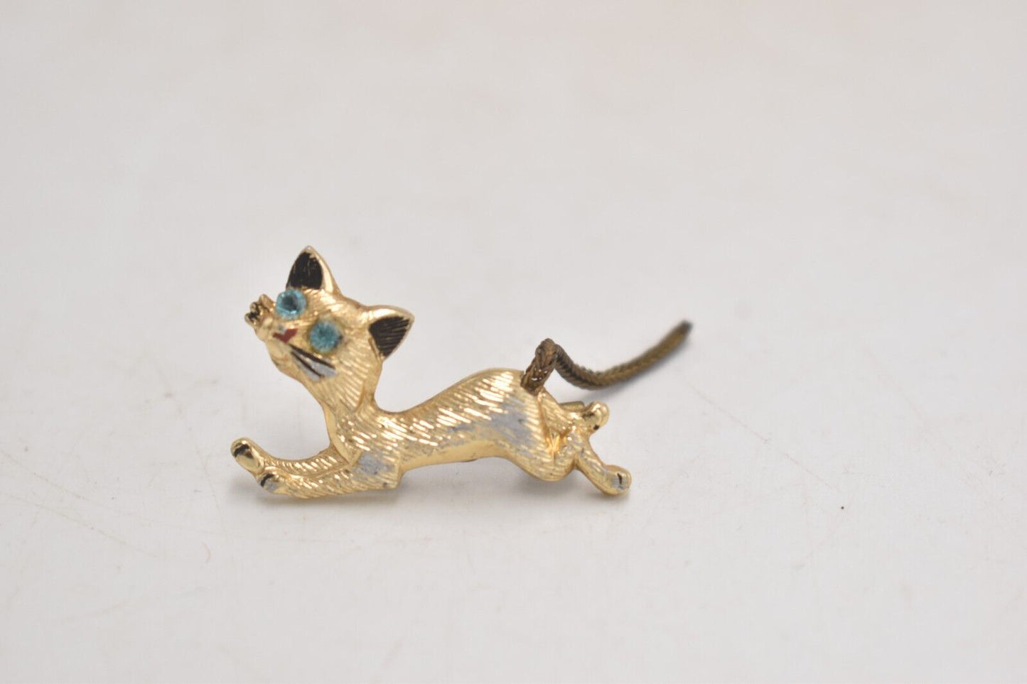 Vintage Cat Brooch Gold Tone with Topaz Blue Eyes - Costume Jewellery