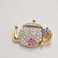 Vintage Teapot Brooch – Multi-Colour Rhinestone Costume Jewellery