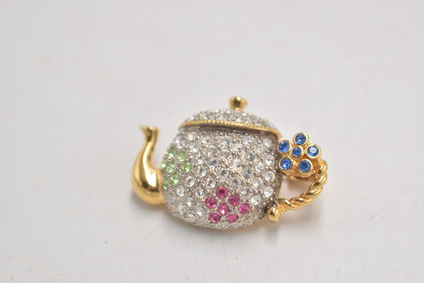 Vintage Teapot Brooch – Multi-Colour Rhinestone Costume Jewellery