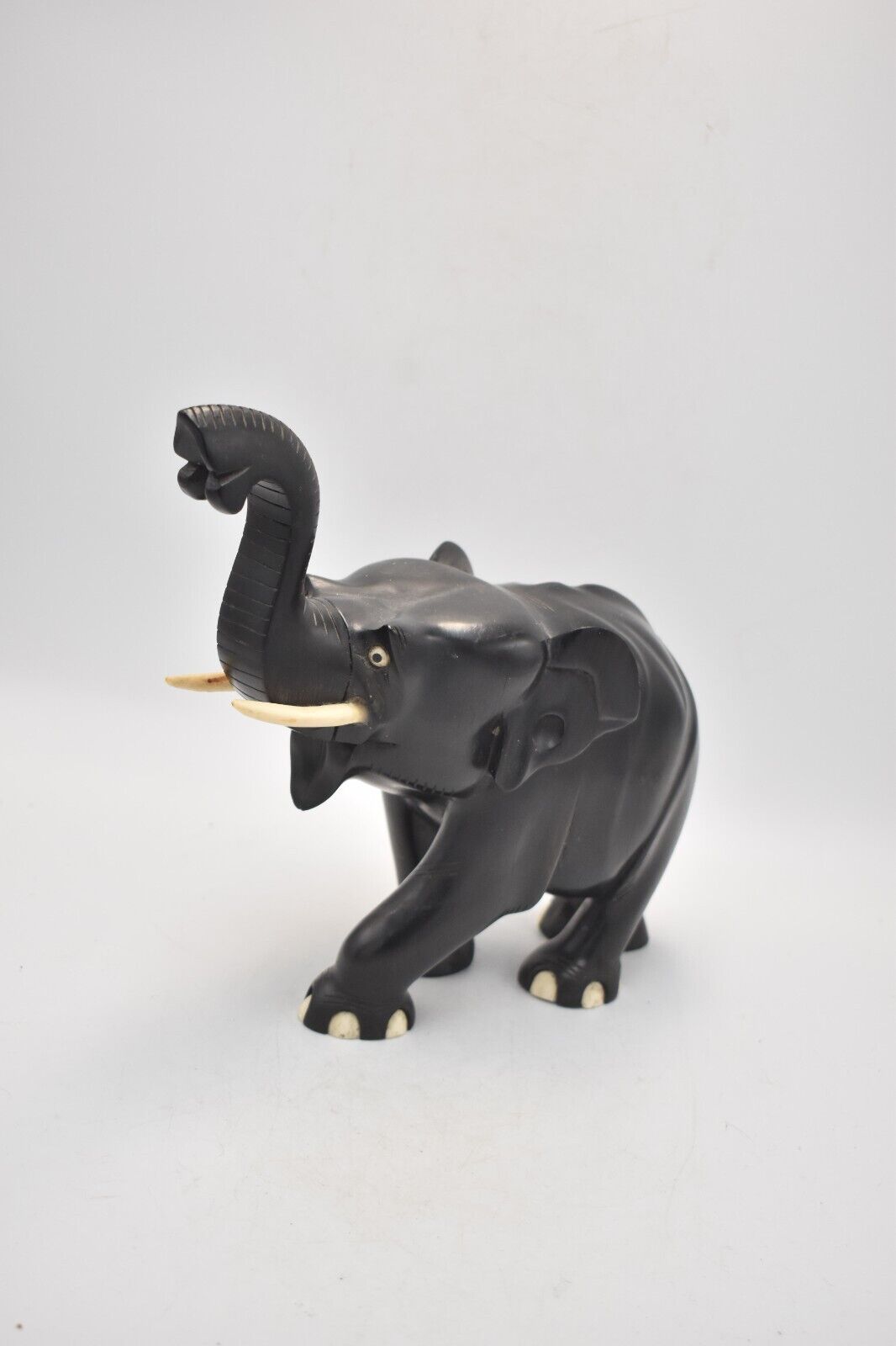 Antique Vintage Black Ebony Wood Elephant Statue – Hand-Carved Figurine – 1.4KG