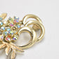 Vintage 1950s Gold Tone Aurora Borealis Rhinestone Floral Brooch