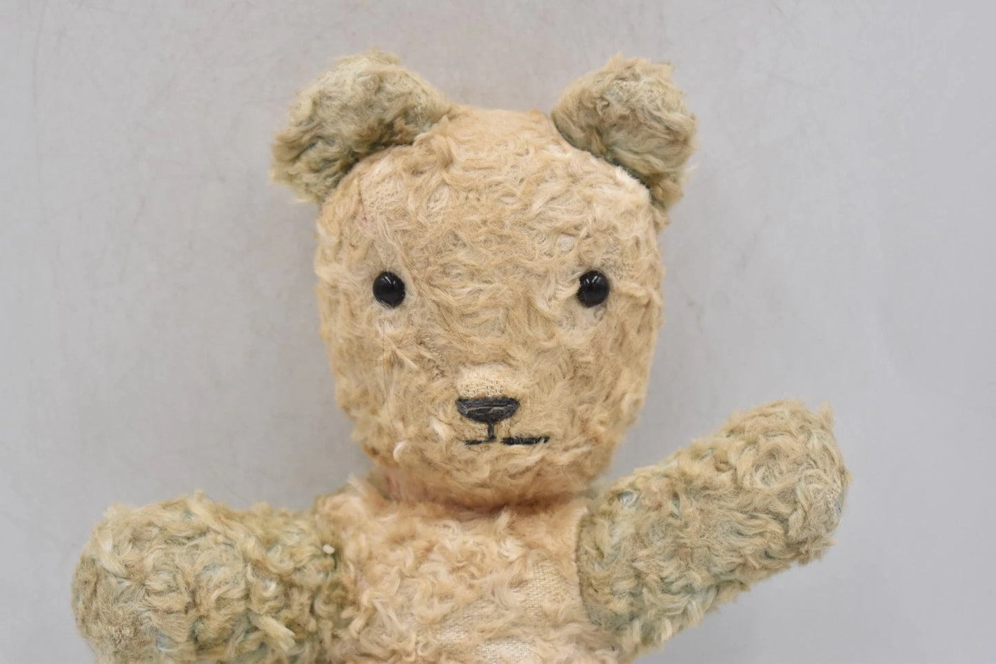 Vintage 1950s English Teddy Bear Blue White Plush Silk Ears Rattle 22cm