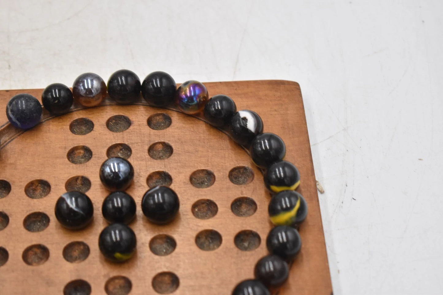 Antique Solitaire Wooden Board with Antique Hand Made Glass Marbles
