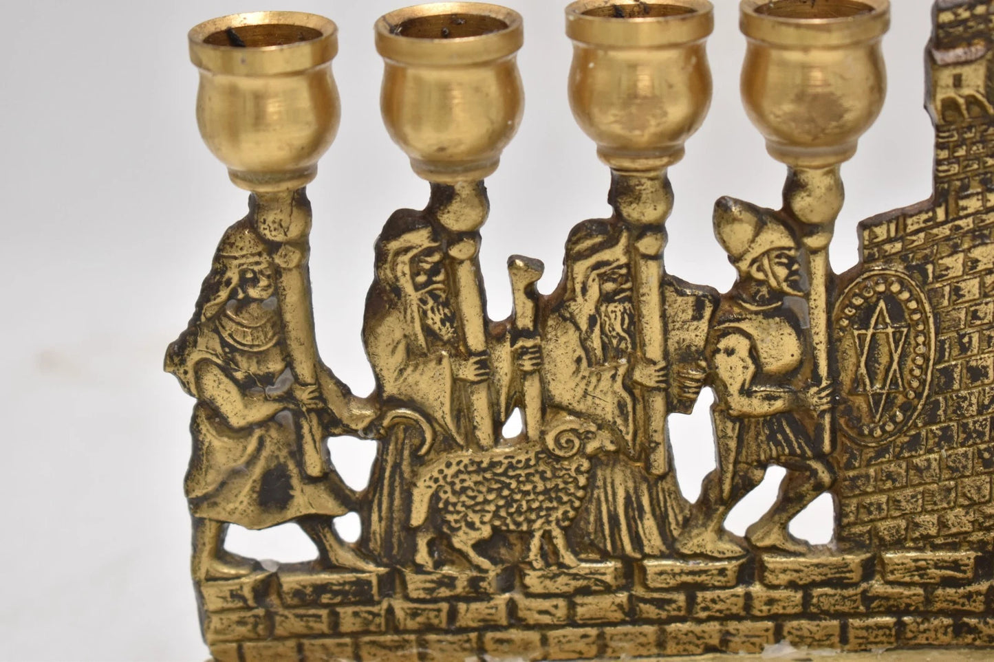 Antique Biblical Zionist Brass Hanukkah Menorah Lamp Judaica Candlestick