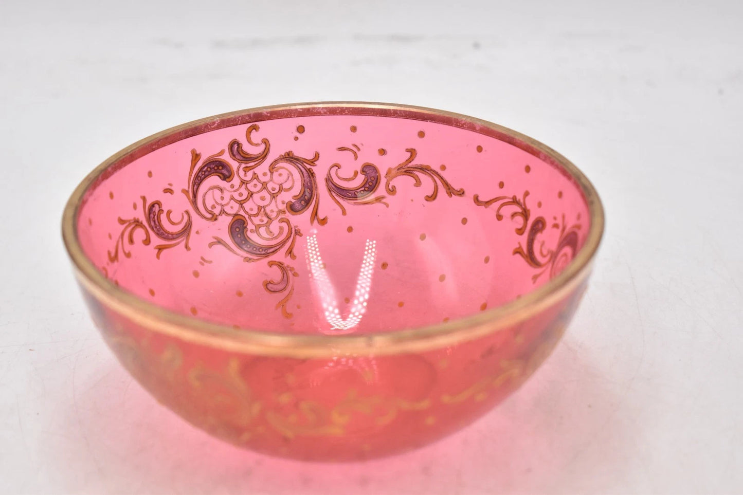 Antique Cranberry Pink Glass Bowl with Gold Gilt Douglas Marked 12.5cm