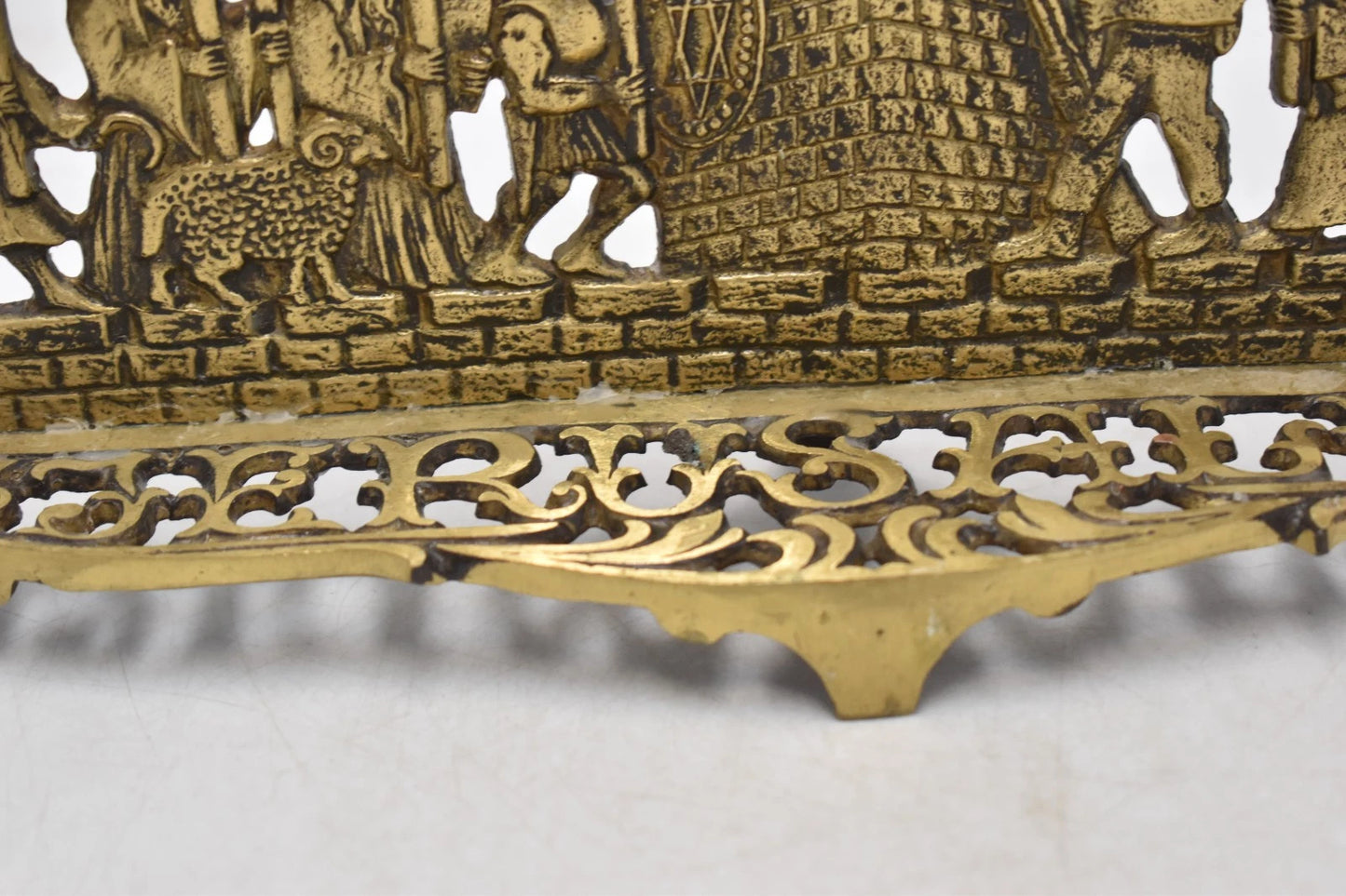Antique Biblical Zionist Brass Hanukkah Menorah Lamp Judaica Candlestick