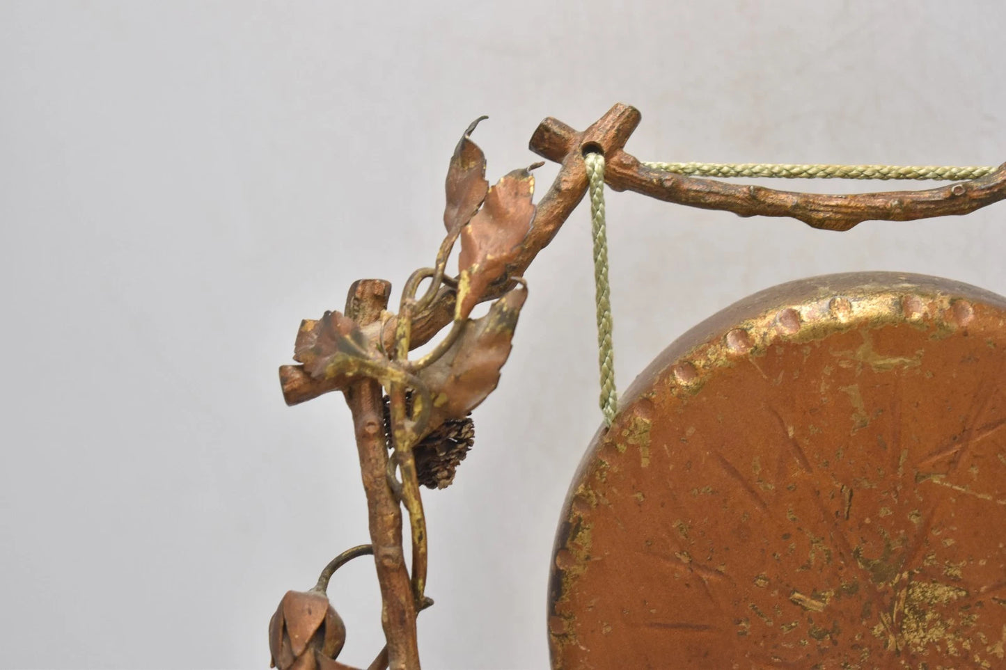 Antique Art Nouveau Brass Tabletop Dinner Gong Rose & Thorns with Striker