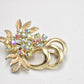 Vintage 1950s Gold Tone Aurora Borealis Rhinestone Floral Brooch