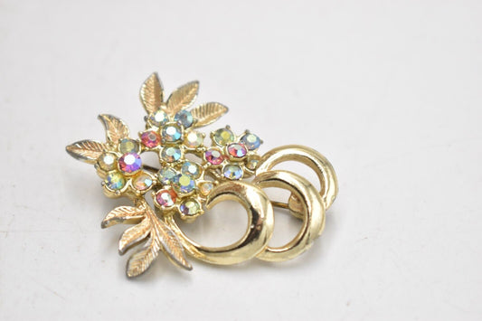 Vintage 1950s Gold Tone Aurora Borealis Rhinestone Floral Brooch