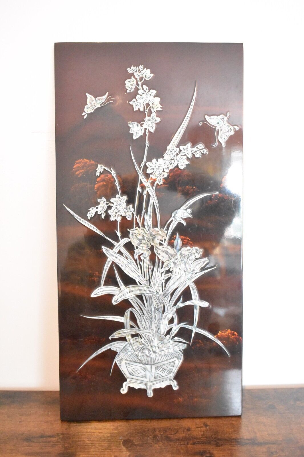 Vintage Chinese Hardwood Wall Plaque Mother of Pearl Inlay Summer Theme