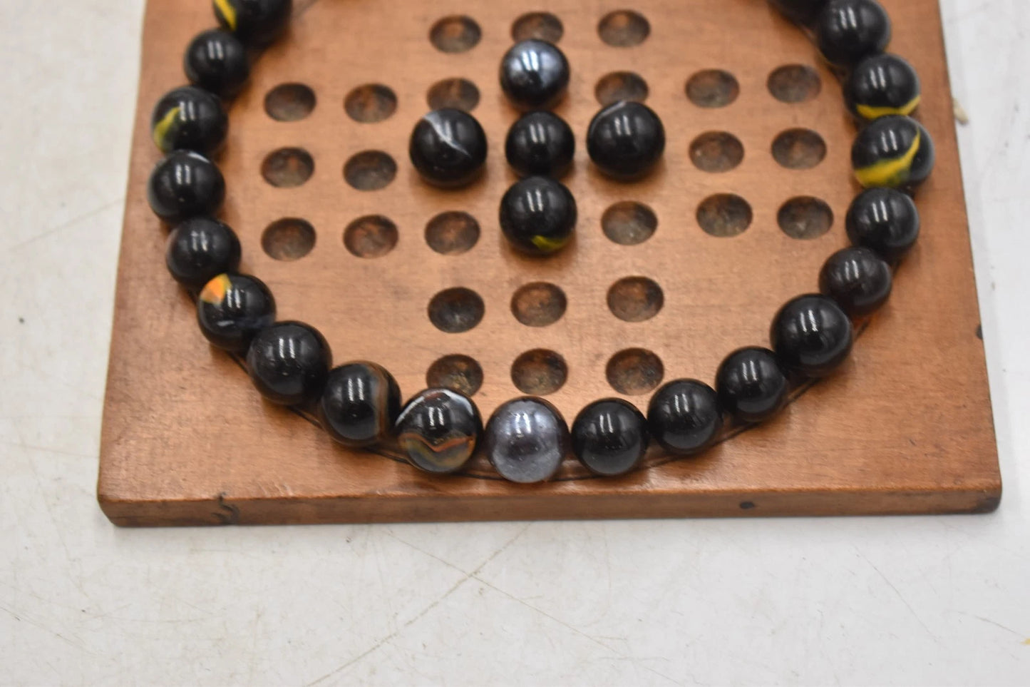 Antique Solitaire Wooden Board with Antique Hand Made Glass Marbles