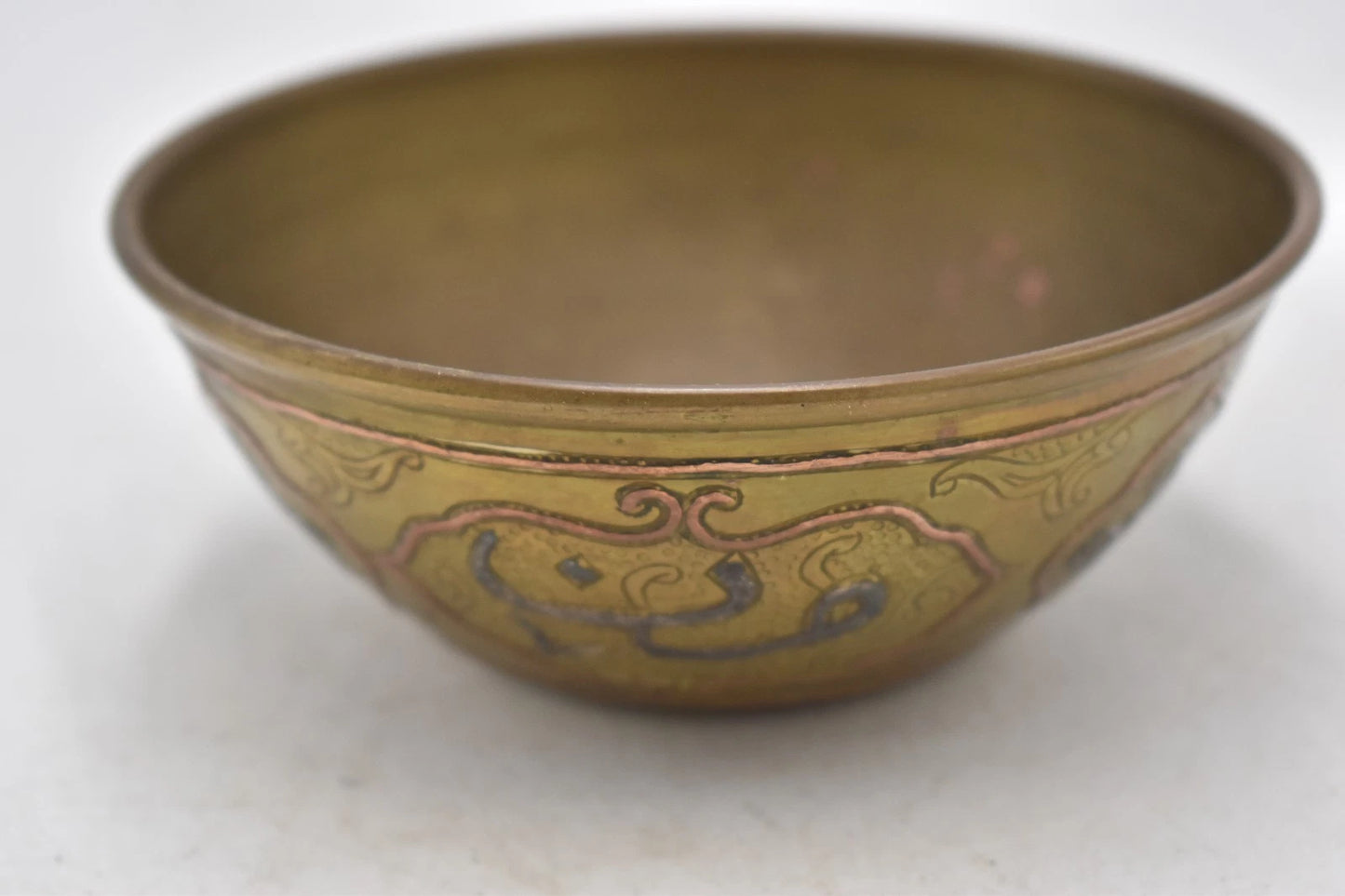 Antique Middle Eastern Arabic Brass Bowl Copper Inlay Calligraphy