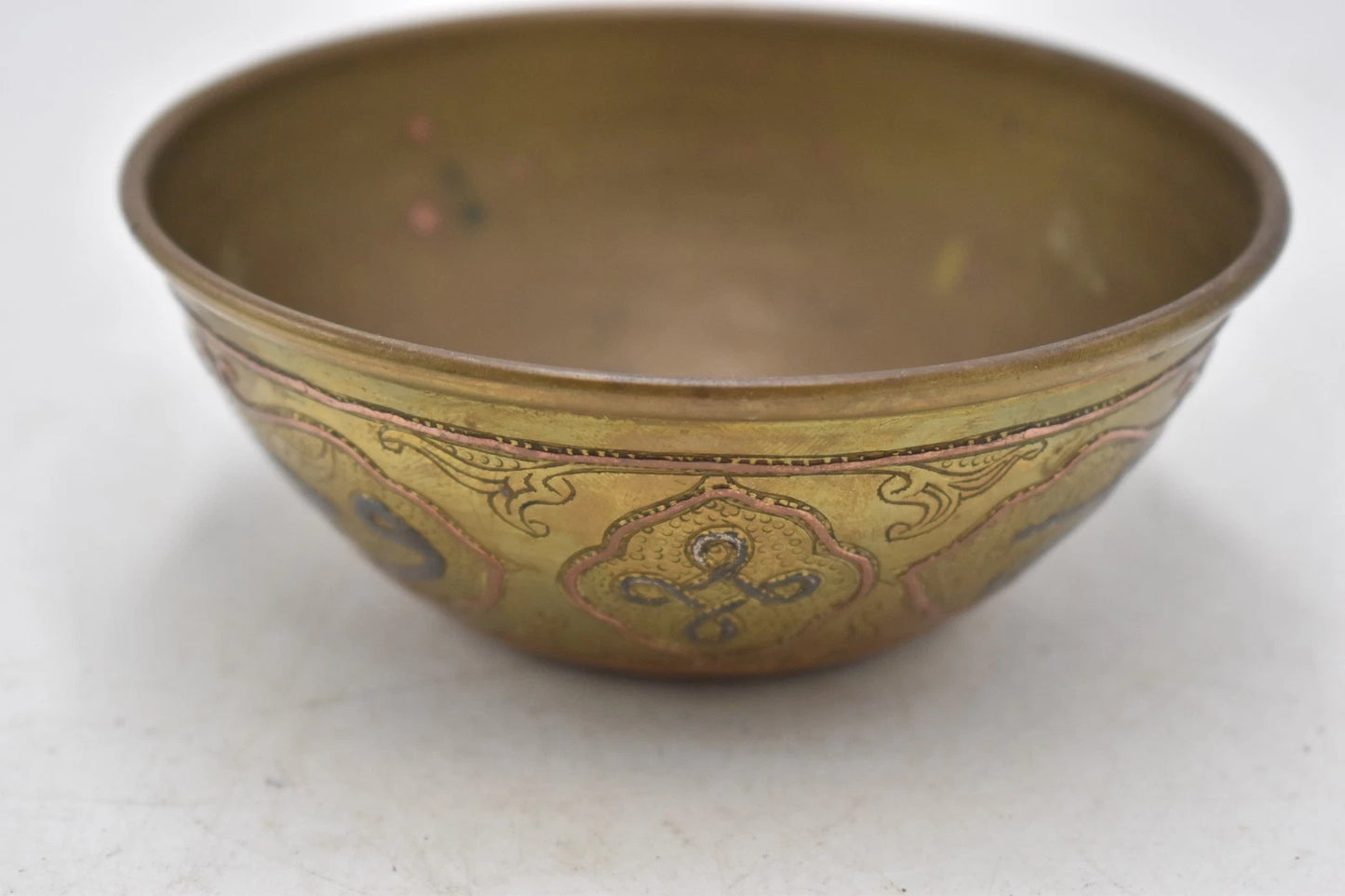 Antique Middle Eastern Arabic Brass Bowl Copper Inlay Calligraphy