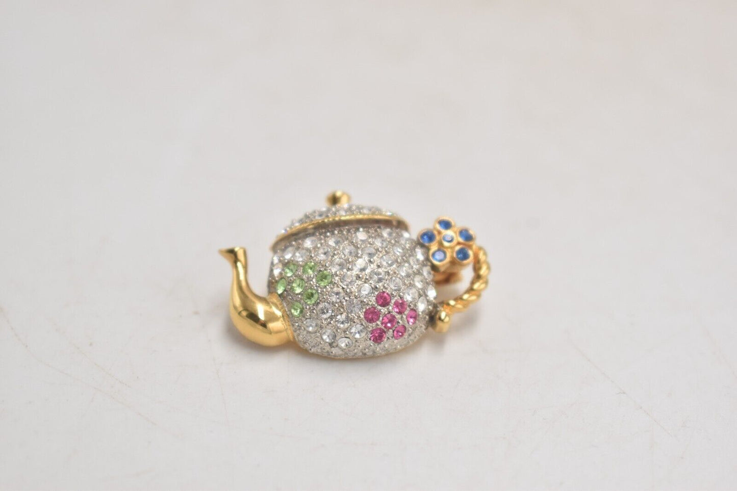 Vintage Teapot Brooch – Multi-Colour Rhinestone Costume Jewellery