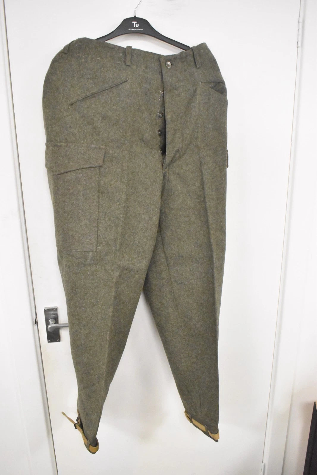 Swedish Army WWII Olive Grey Wool Field Trousers 1940 Leather Straps