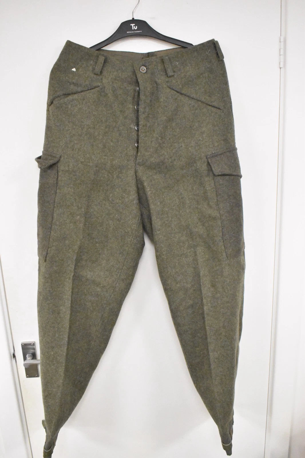 Swedish Army WWII Grey Wool Field Trousers 1940 Leather Straps Military Vintage
