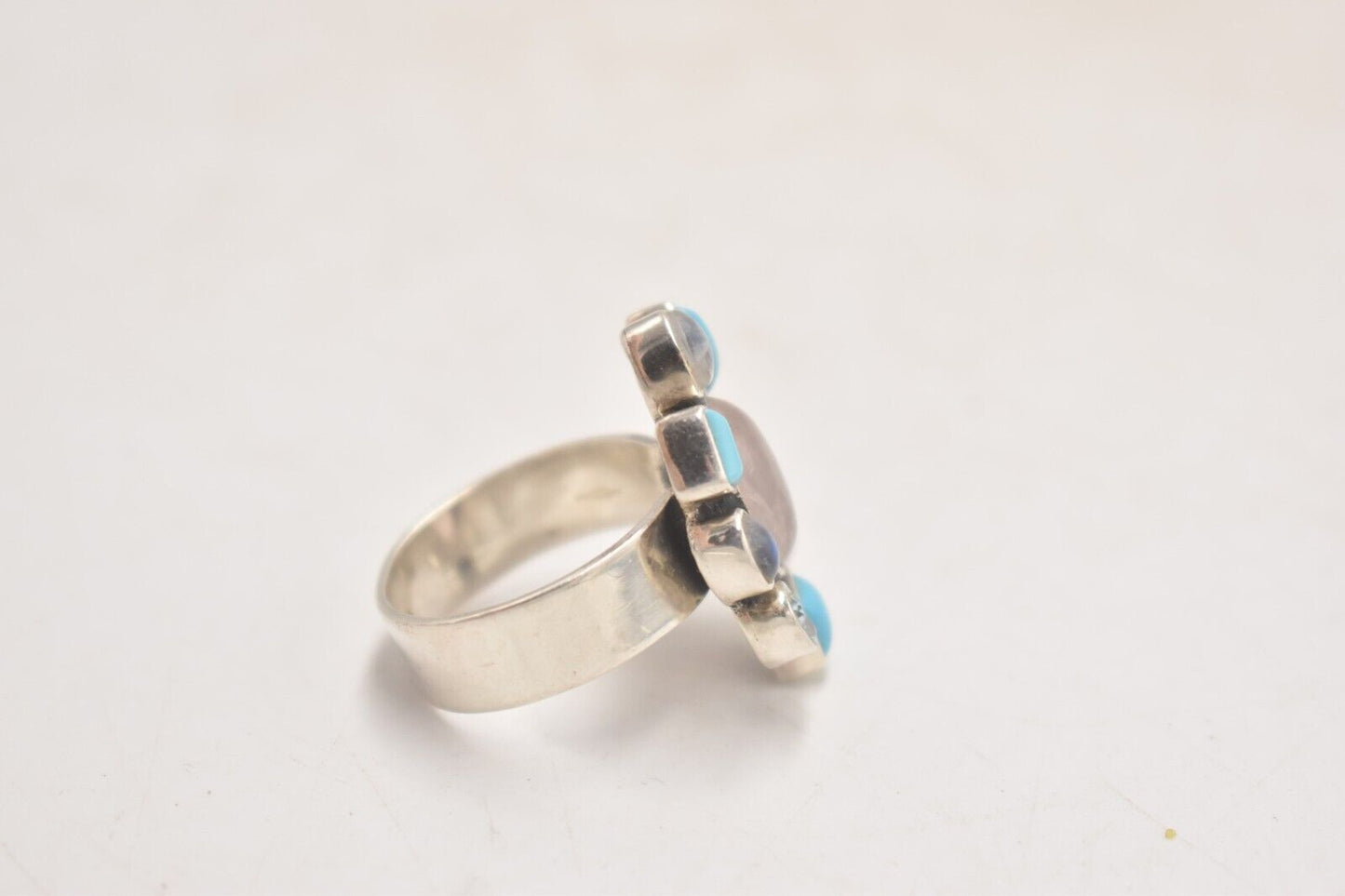 Vintage Sterling Silver Turquoise, Moonstone, and Rose Quartz Ring – Size V