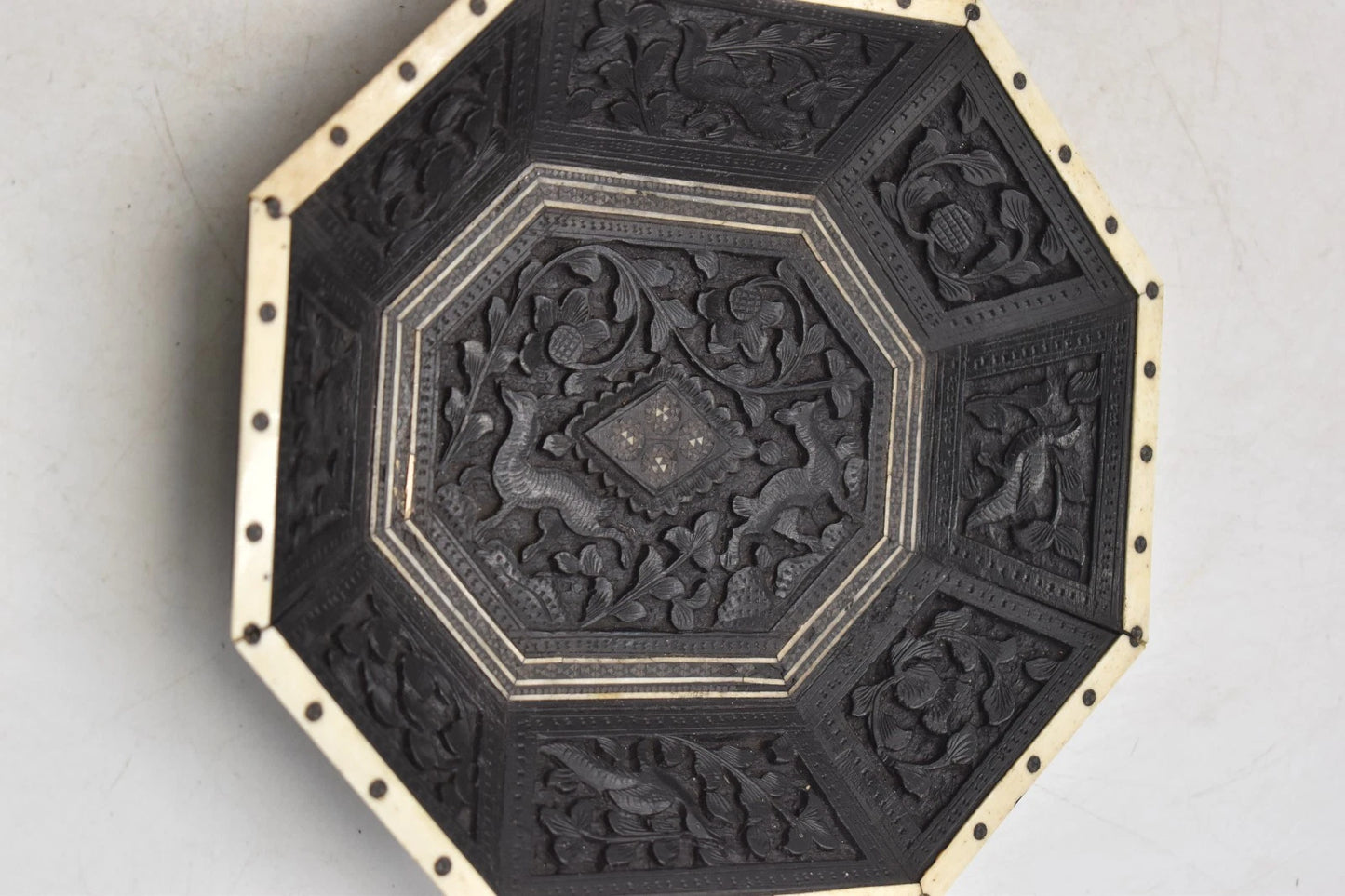 Antique Anglo-Indian Hand Carved Ebony Octagonal Dish with Inlay 22.5cm